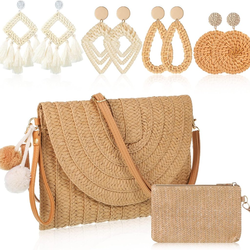 Straw Clutch Purse For Women Rattan Earrings Set Summer Beach Straw Bag Boho Han